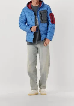 blauwe peak performance gewatteerde jas helium utility down hood jacket men