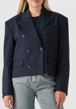 donkerblauwe alix the label blazer ladies woven double breasted blazer