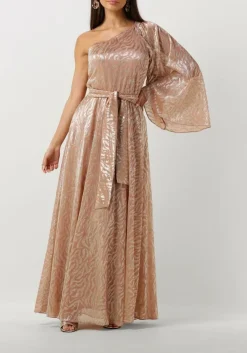 roze access maxi jurk shimmery one-shoulder animal print